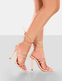 New Make Way Patent Strappy Lace Up Square Toe Stilettos Lace Up Heels | High Heels