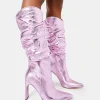Best Manhattan Metallic Pointed Toe Knee High Narrow Block Heel Boots Heeled Boots | Knee High Boots
