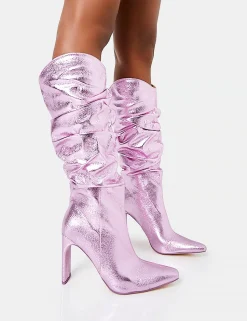 Best Manhattan Metallic Pointed Toe Knee High Narrow Block Heel Boots Heeled Boots | Knee High Boots