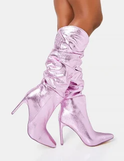 Best Manhattan Metallic Pointed Toe Knee High Narrow Block Heel Boots Heeled Boots | Knee High Boots
