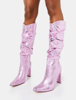 Best Manhattan Metallic Pointed Toe Knee High Narrow Block Heel Boots Heeled Boots | Knee High Boots
