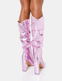 Best Manhattan Metallic Pointed Toe Knee High Narrow Block Heel Boots Heeled Boots | Knee High Boots