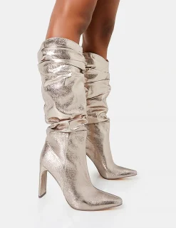 Outlet Manhattan Pewter Pointed Toe Knee High Narrow Block Heel Boots Heeled Boots | Knee High Boots