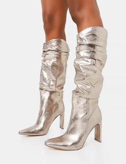 Outlet Manhattan Pewter Pointed Toe Knee High Narrow Block Heel Boots Heeled Boots | Knee High Boots