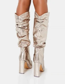 Outlet Manhattan Pewter Pointed Toe Knee High Narrow Block Heel Boots Heeled Boots | Knee High Boots
