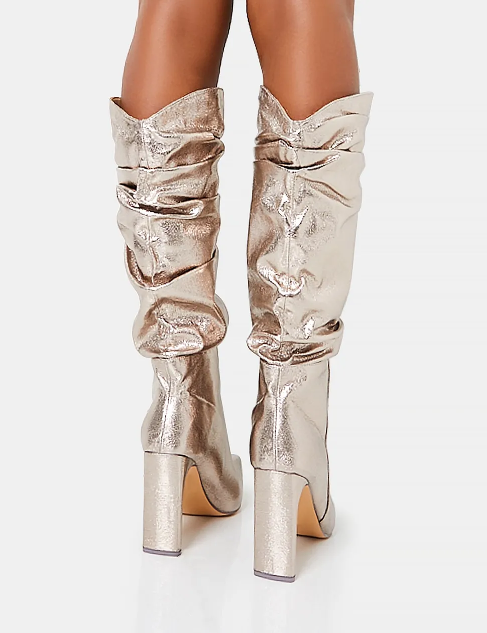 Outlet Manhattan Pewter Pointed Toe Knee High Narrow Block Heel Boots Heeled Boots | Knee High Boots