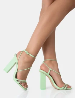 Cheap Marley Mint Pu Strappy Barely There Square Toe Block Heels Strappy Heels | Barely There Heels
