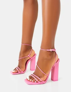 Hot Marley PU Strappy Barely There Square Toe Block Heels Strappy Heels | Barely There Heels