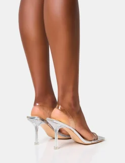 Fashion Merge Up Perspex Square Toe Slingback Mid Heels Silver Heels | Square Toe Heels