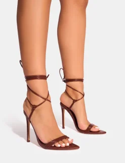 Best Merlot Chocolate Lace Up Wrap Around Pointed Toe Stiletto Heel Lace Up Heels | High Heels