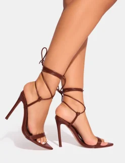Best Merlot Chocolate Lace Up Wrap Around Pointed Toe Stiletto Heel Lace Up Heels | High Heels