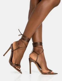 Discount Merlot Metallic Bronze Lace Up Wrap Around Pointed Toe Stiletto Heels Lace Up Heels | High Heels