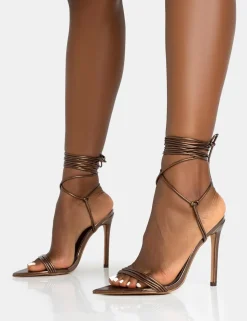 Discount Merlot Metallic Bronze Lace Up Wrap Around Pointed Toe Stiletto Heels Lace Up Heels | High Heels