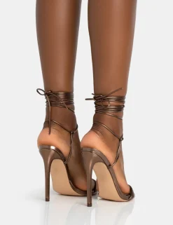 Discount Merlot Metallic Bronze Lace Up Wrap Around Pointed Toe Stiletto Heels Lace Up Heels | High Heels