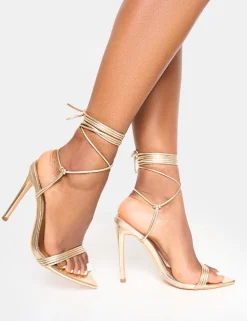 New Merlot Metallic Lace Up Wrap Around Pointed Toe Stiletto Heels Back In Stock | Gold Heels