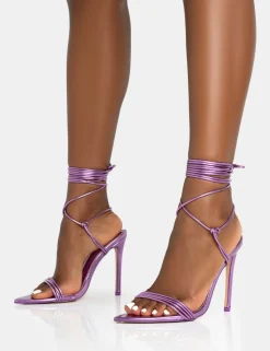 Cheap Merlot Metallic Lilac Lace Up Wrap Around Pointed Toe Stiletto Heel Lace Up Heels | High Heels