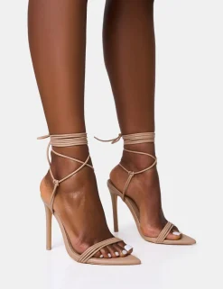 Cheap Merlot Lace Up Wrap Around Pointed Toe Stiletto Heels Lace Up Heels | High Heels