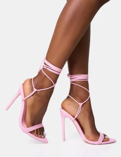 Cheap Merlot Pink Lace Up Wrap Around Pointed Toe Stiletto Heels Lace Up Heels | High Heels