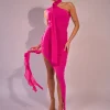 Cheap Mesh Choker Detail Asymmetric Midaxi Dress Fuchsia Dresses