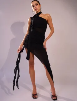 Online Mesh Choker Detail Asymmetric Midaxi Dress Dresses
