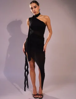 Online Mesh Choker Detail Asymmetric Midaxi Dress Dresses