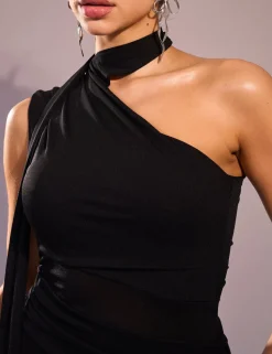 Online Mesh Choker Detail Asymmetric Midaxi Dress Dresses