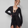 Cheap Mesh Frill Detail Tie Front Dress Black Dresses