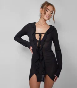 Cheap Mesh Frill Detail Tie Front Dress Black Dresses