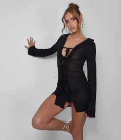 Cheap Mesh Frill Detail Tie Front Dress Black Dresses