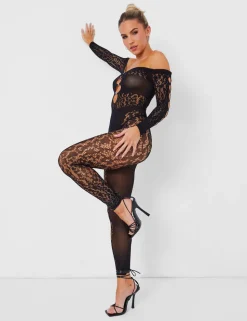 Cheap Mesh Lace Panel Unitard Jumpsuits & Playsuits