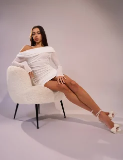 Store Mesh Off Shoulder Foldover Long Sleeve Mini Dress Dresses
