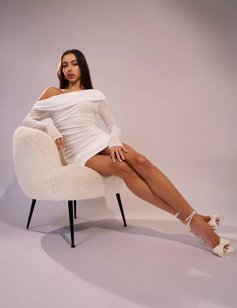 Store Mesh Off Shoulder Foldover Long Sleeve Mini Dress Dresses