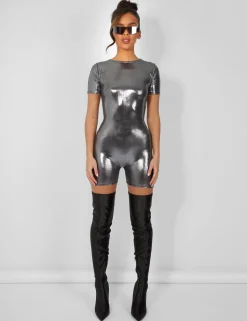 Clearance Metallic Open Back Detail Short Sleeve Unitard Playsuit Jumpsuits & Playsuits