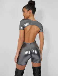 Clearance Metallic Open Back Detail Short Sleeve Unitard Playsuit Jumpsuits & Playsuits