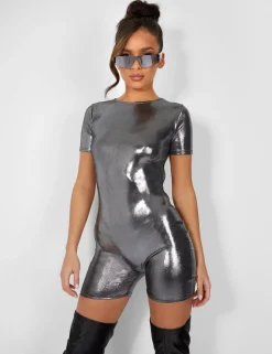 Clearance Metallic Open Back Detail Short Sleeve Unitard Playsuit Jumpsuits & Playsuits