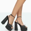 Hot Mia Black Satin Pearl Open Toe Block Platform Heels Block Heels | Platform Heels