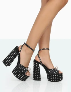 Hot Mia Black Satin Pearl Open Toe Block Platform Heels Block Heels | Platform Heels