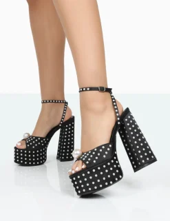 Hot Mia Black Satin Pearl Open Toe Block Platform Heels Block Heels | Platform Heels