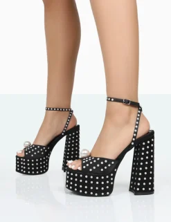 Hot Mia Black Satin Pearl Open Toe Block Platform Heels Block Heels | Platform Heels