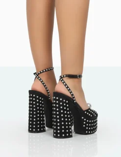 Hot Mia Black Satin Pearl Open Toe Block Platform Heels Block Heels | Platform Heels