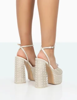 Outlet Mia Ecru Satin Pearl Open Toe Block Platform Heels Block Heels | Platform Heels