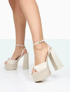 Outlet Mia Ecru Satin Pearl Open Toe Block Platform Heels Block Heels | Platform Heels