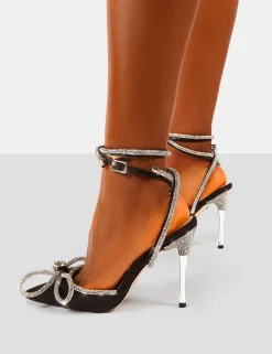 Clearance Midnight Wrap Around Diamante Bow Pointed Toe High Heels Back In Stock | 4" Heels