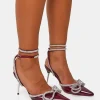 Shop Midnight Burgundy Patent Wrap Around Diamante Pointed Court Mid Heel Court Heels | Diamante Heels
