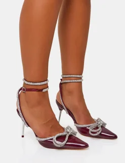 Shop Midnight Burgundy Patent Wrap Around Diamante Pointed Court Mid Heel Court Heels | Diamante Heels