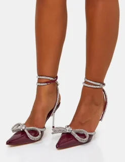 Shop Midnight Burgundy Patent Wrap Around Diamante Pointed Court Mid Heel Court Heels | Diamante Heels