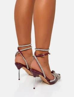 Shop Midnight Burgundy Patent Wrap Around Diamante Pointed Court Mid Heel Court Heels | Diamante Heels