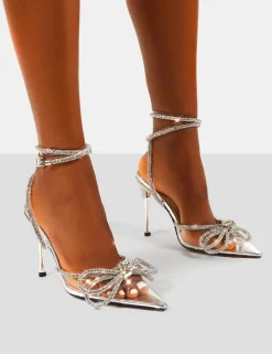 Best Sale Midnight Wide Fit Wrap Around Diamante Bow Pointed Toe High Heel Back In Stock | Wide Fit Heels