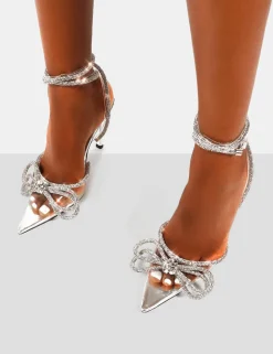 Best Sale Midnight Wide Fit Wrap Around Diamante Bow Pointed Toe High Heel Back In Stock | Wide Fit Heels