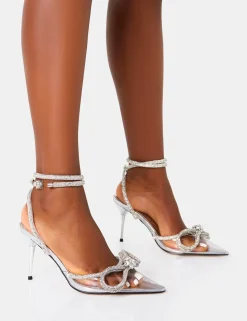 Outlet Midnight Mid heel Perspex Wrap Around Diamante Bow Pointed Toe Back In Stock | 4" Heels